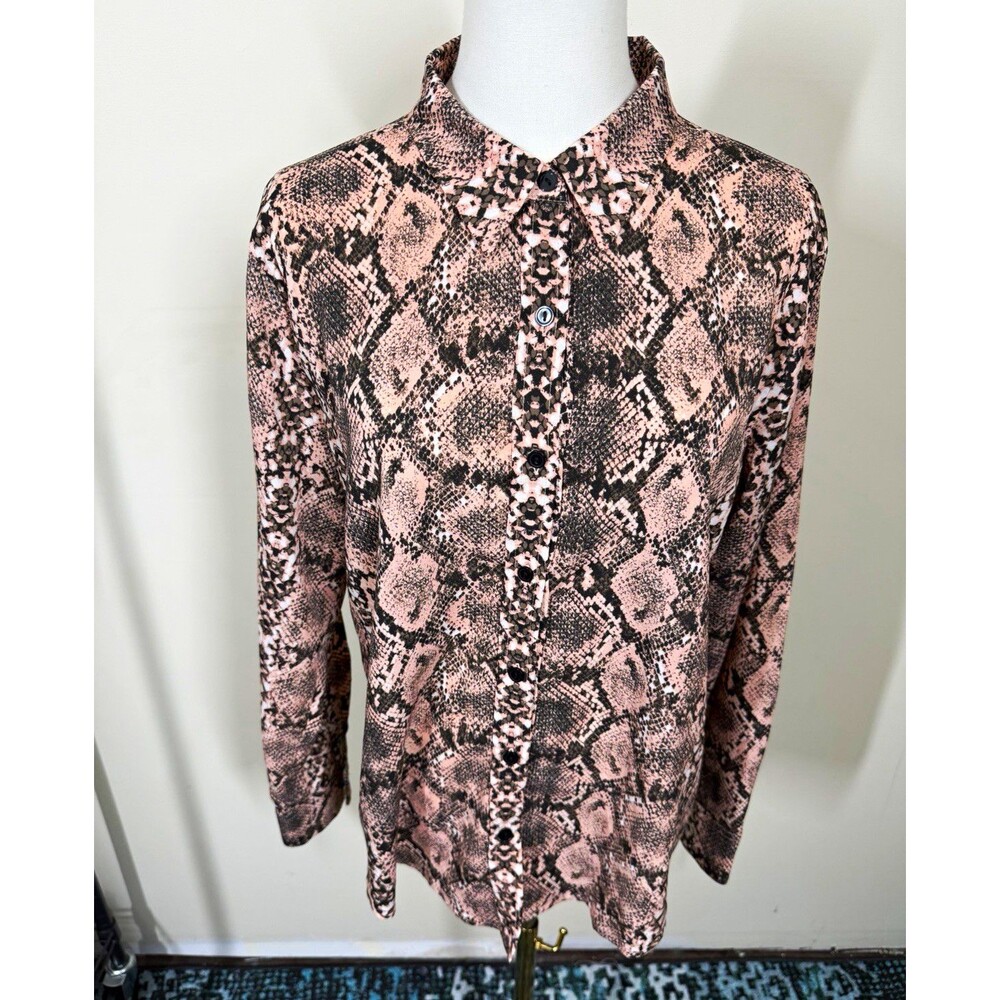 Apt. 9 Womens Blouse Large Pink Black Animal Print Button Up Collared Long 376
